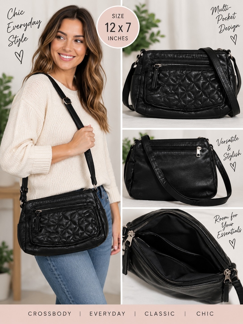 Chic Women's 12x7 inch black multi pocket crossbody purse #33